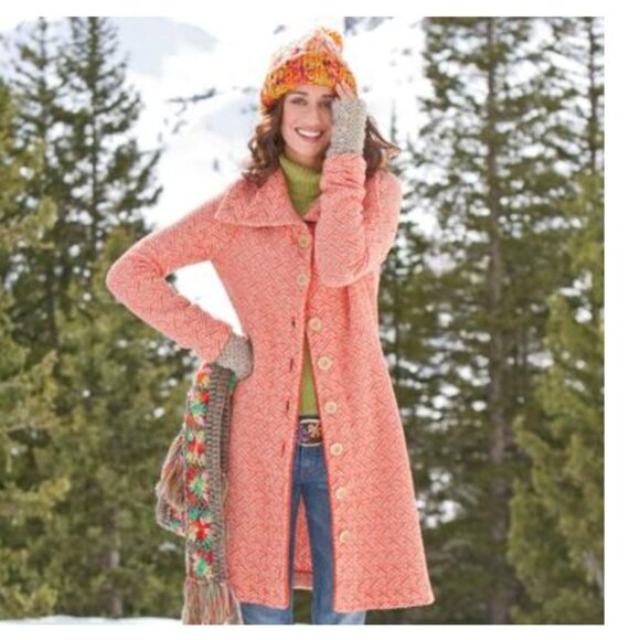 Sundance Knit Longline Sweater Coat Orange & Cream Button Front Collard Jacket M - Picture 13 of 13